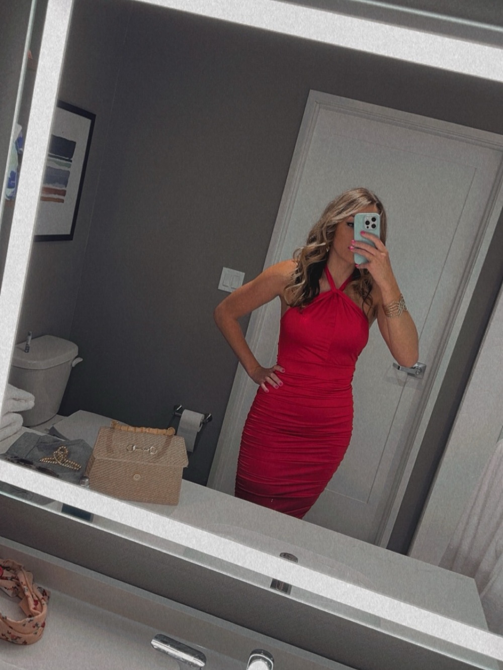 Red Dress, fitted, ruched, halter top with gold clasp